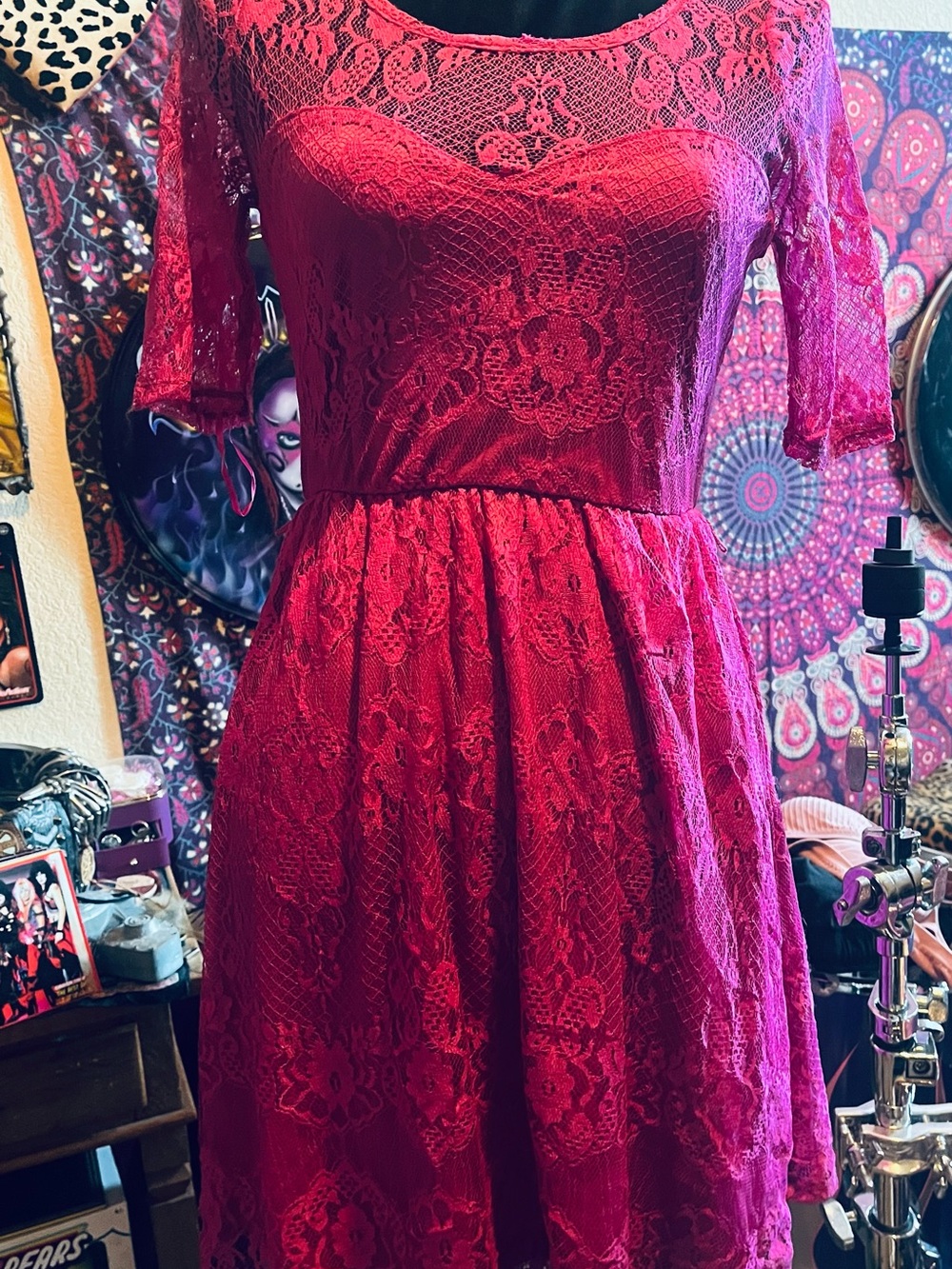 Red Camel Raspberry Lace Long Sleeve Fit-&-Flare Dress